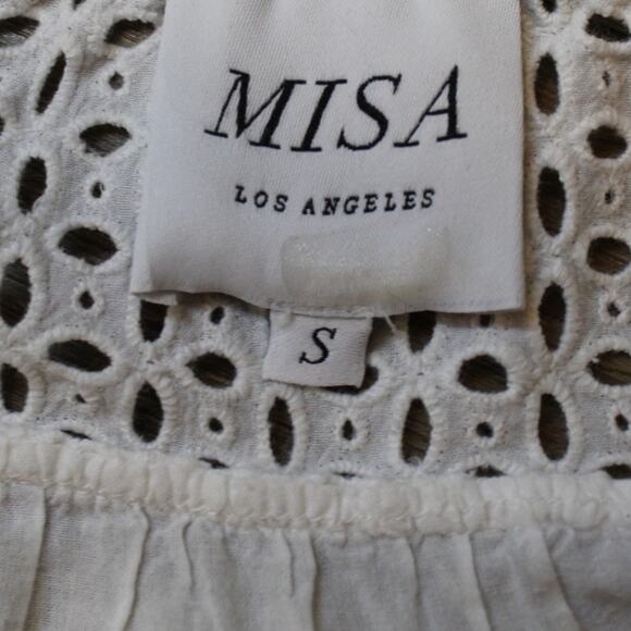 MISA Los Angeles Sarika White Eyelet Smocked Mini Dress Flutter Sleeve Size S - Picture 4 of 7